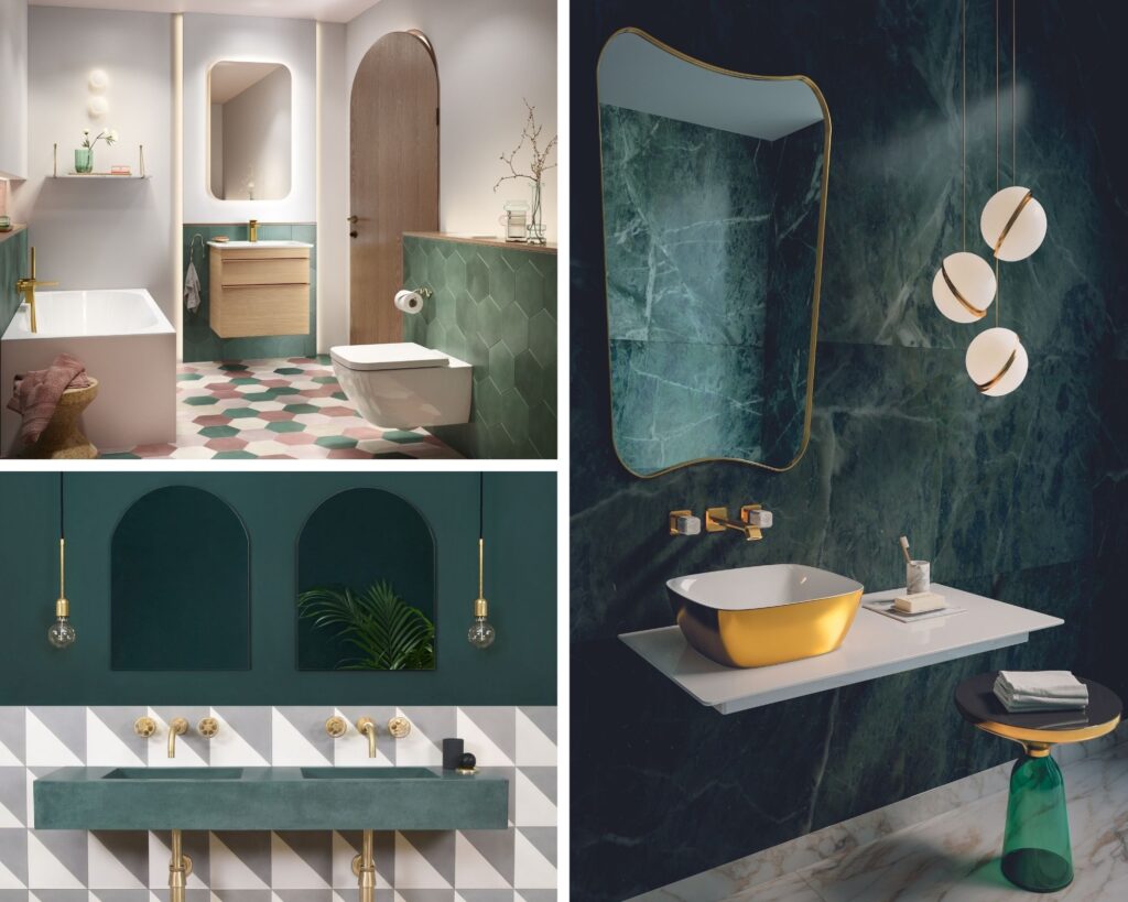 Modern bathroom designs with hexagonal tiles, green and gold accents, geometric patterns, stylish fixtures, and unique lighting, creating an elegant and contemporary aesthetic.
