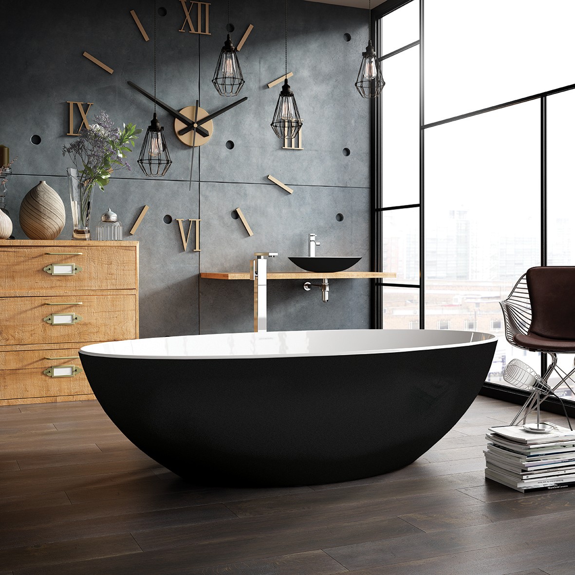 A black freestanding bath from Ashton & Bentley