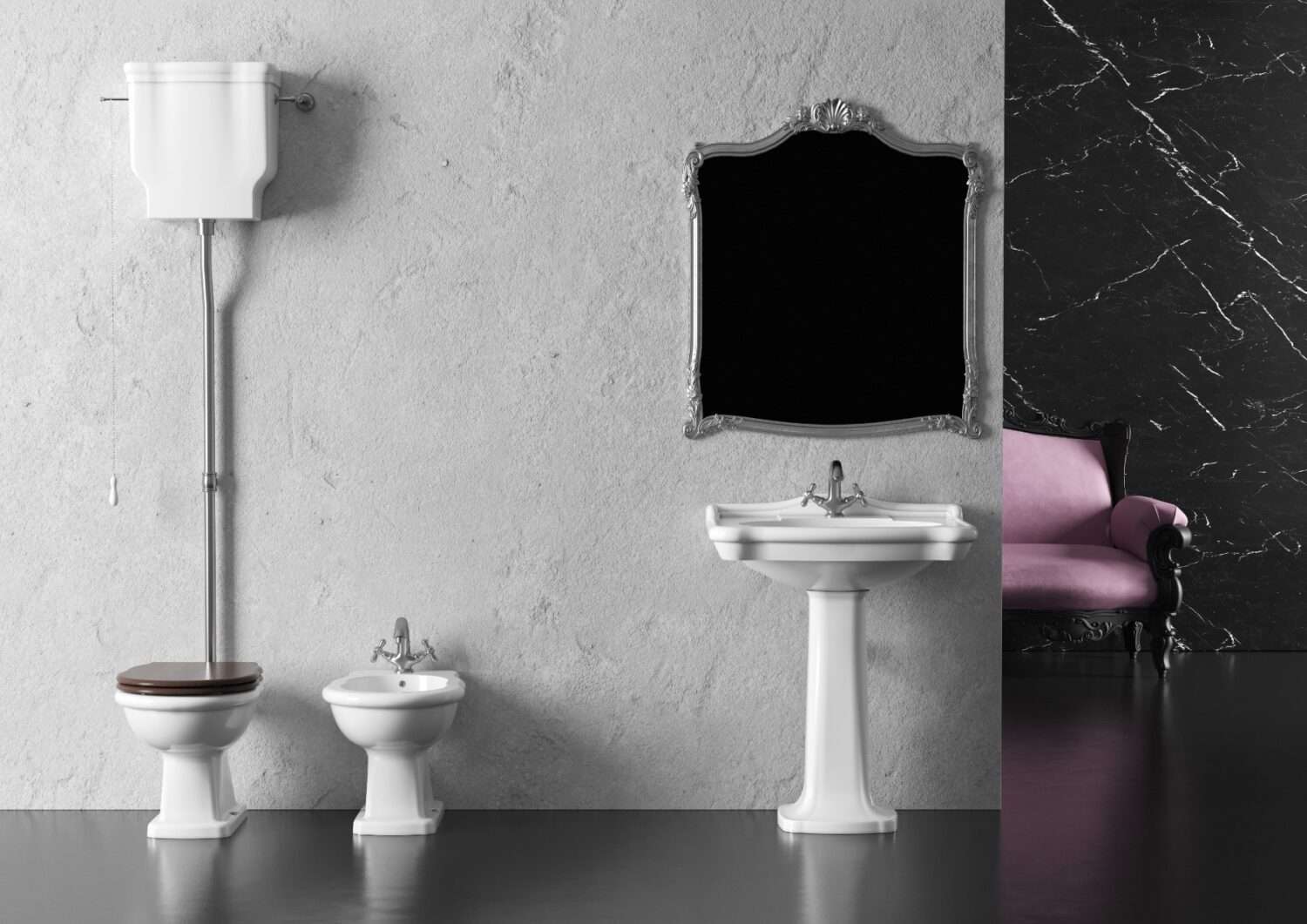 A luxurious bathroom setting with vintage-style toilet, bidet, sink, ornate mirror, and plush pink sofa against marble and textured walls.