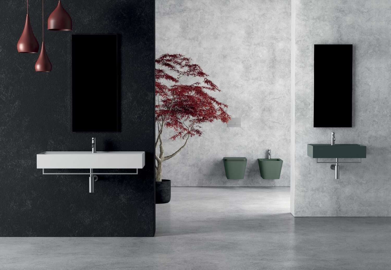 Modern bathroom features minimalist sinks, mirrors, and pendant lights. A decorative red tree adds contrast to the sleek, neutral-toned walls and flooring.