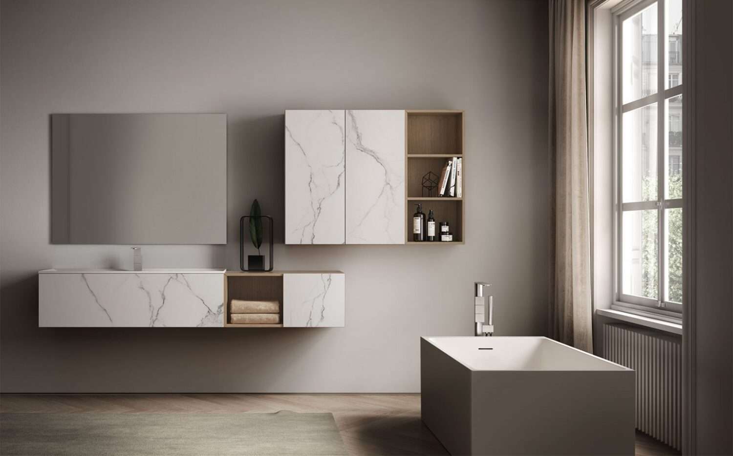 Minimalist bathroom with marble accents, floating vanity, and freestanding bathtub. Large window with drapes allows natural light. Neutral color palette enhances elegance.