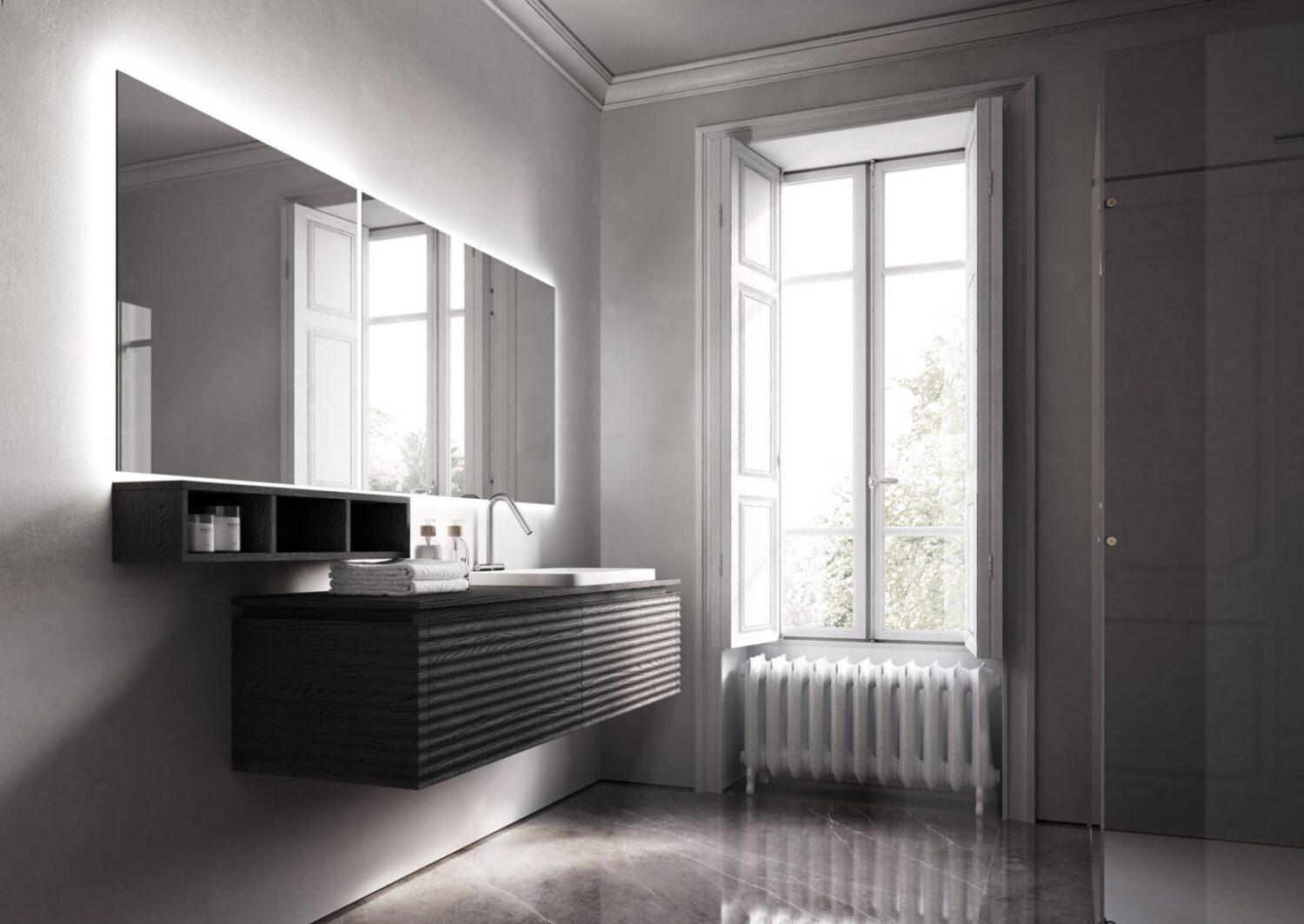 Modern minimalist bathroom with gray walls, wall-mounted sink, large mirror, and a radiator under a sunlit window, creating a bright and serene atmosphere.