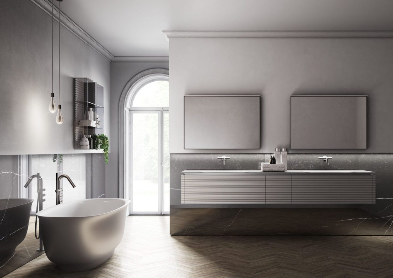 Modern bathroom featuring a freestanding bathtub, large mirrors, floating vanity, and natural light from an arched window. Minimalist design with elegant fixtures.