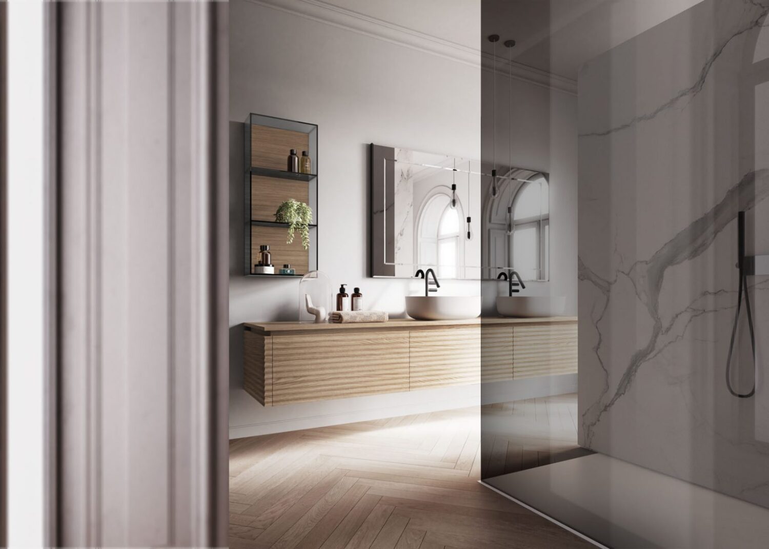 Modern bathroom featuring a large mirror, marble shower, double sinks, and minimalist wooden cabinetry. Natural light filters through the large window.