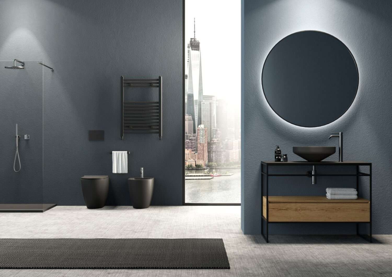 Modern bathroom with dark interior, round mirror, and open shower. One World Trade Center visible through the large window. Minimalist design emphasizes sleek lines.