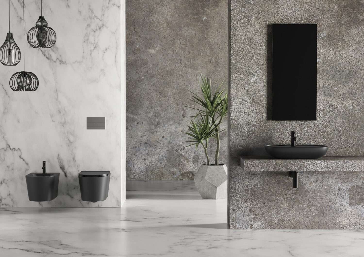 Modern bathroom with black fixtures, marble wall, and concrete textures. Features pendant lights, a plant in geometric pot, and sleek, minimalistic design.