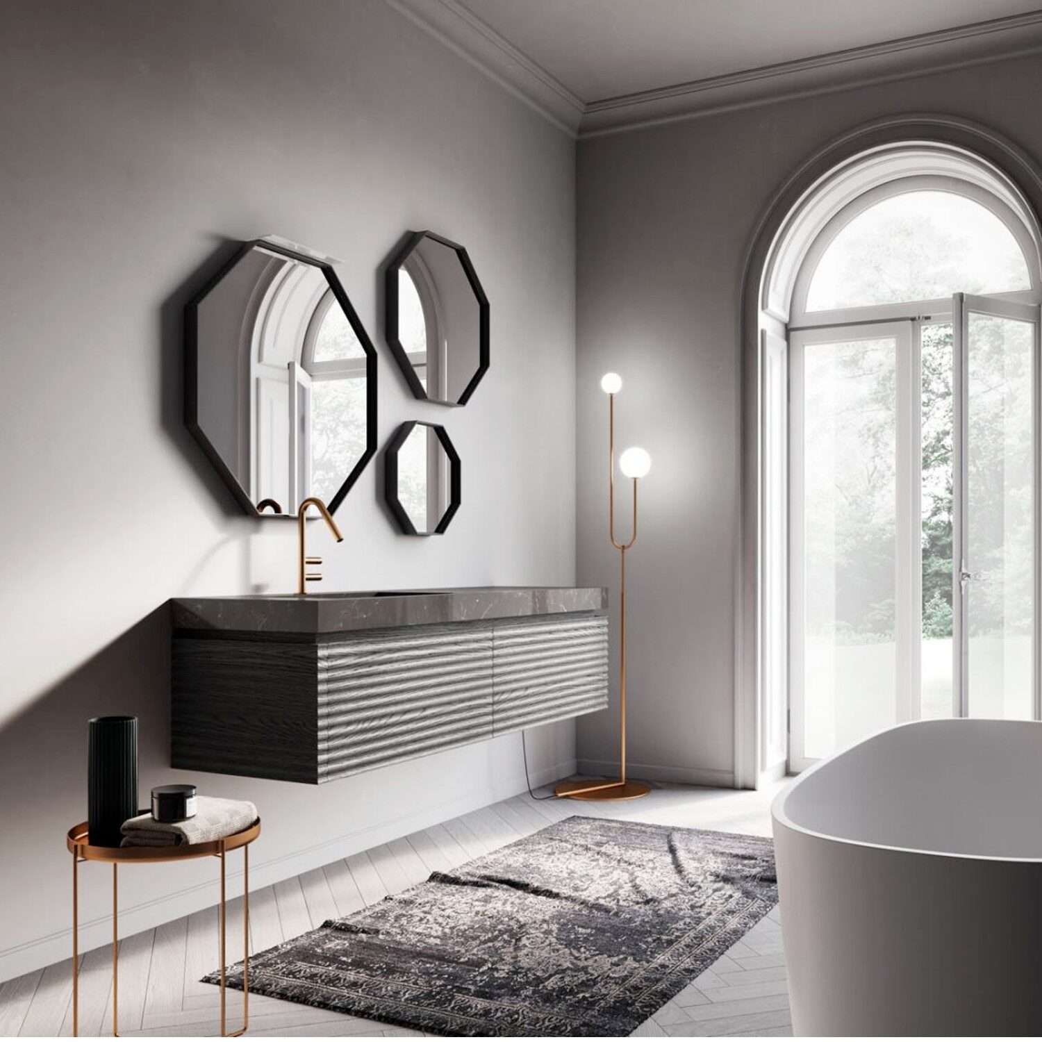 Modern bathroom with octagonal mirrors, floating vanity, bathtub, and tall windows. Minimalist decor with a floor lamp and small round side table.