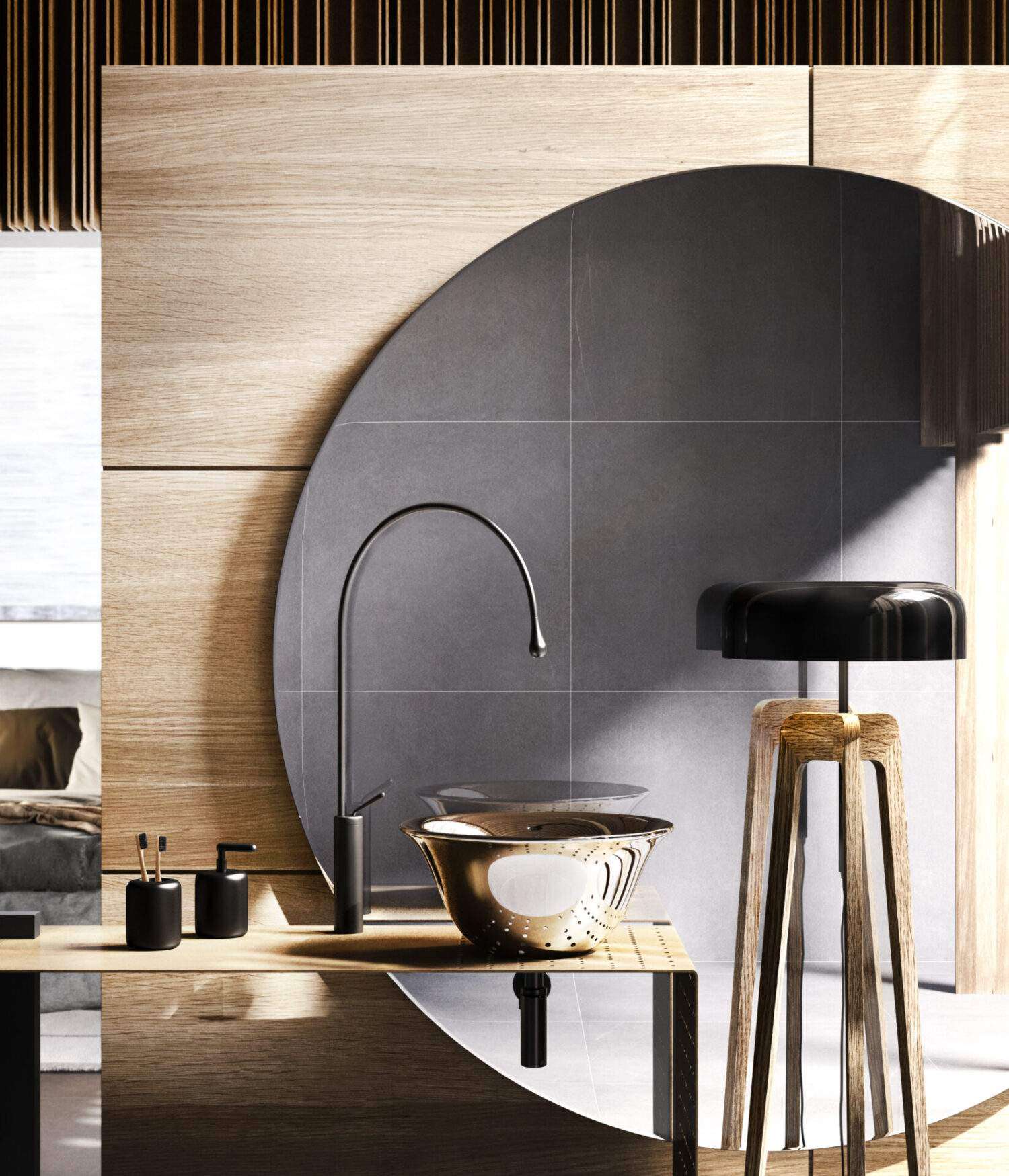 Modern minimalist bathroom features a sleek black faucet, glass basin, and wooden elements, complemented by a contemporary stool and stylish accessories.