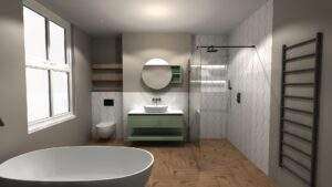 A modern bathroom features a tub, shower, floating sink, toilet, and towel rack, with wooden flooring and chevron tile accents.