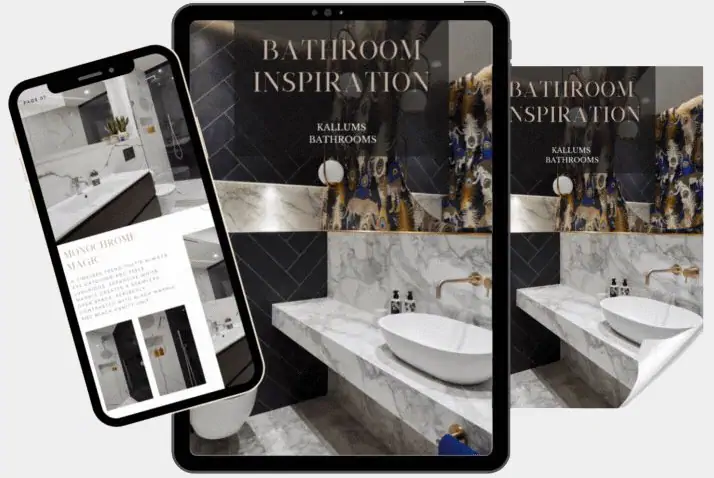 Digital display showing a bathroom design brochure on tablet and phone. Elegant marble countertops and modern fixtures are featured. Titled "Bathroom Inspiration."