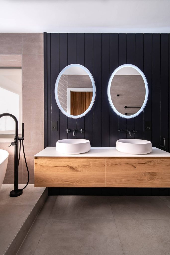 modern luxury bathroom with double floating vanity unit