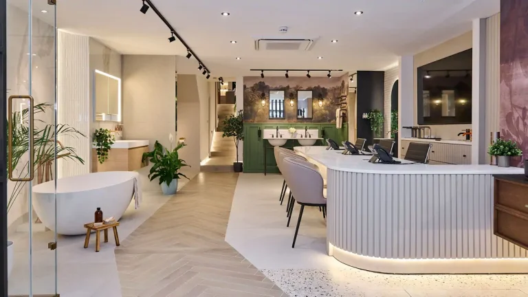 Bright and spacious bathroom showroom featuring contemporary fixtures, elegant decor, and a welcomin.