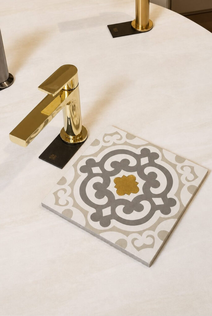 Luxury polished brass bathroom tap display at Kallums Bathrooms showroom, featuring elegant patterned ceramic tiles and premium bathroom design inspiration in Putney and Guildford.