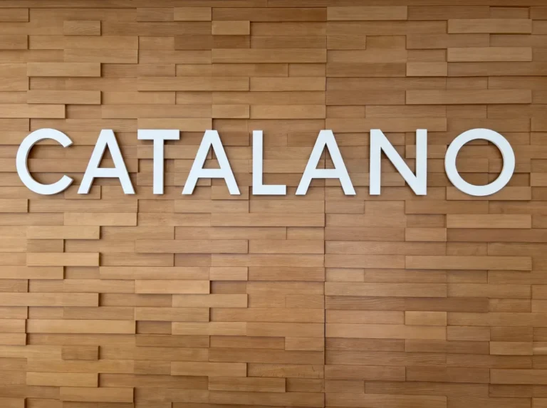 Catalano name on the timber wall at the factory in Italy, Kallums Bathrooms