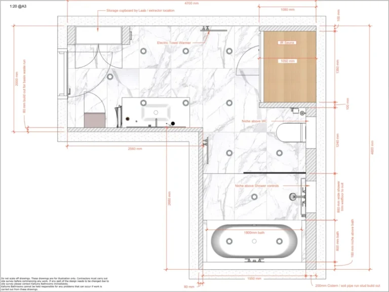 Detailed bathroom layout with bathtub, shower, and vanity in Putney guest bathroom.