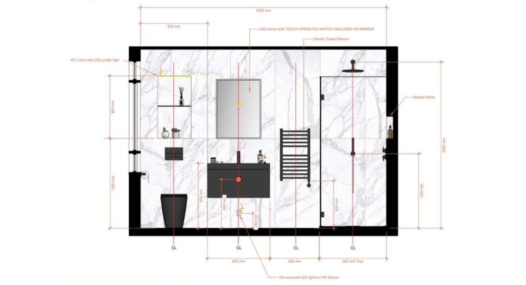 Detailed bathroom floor plan with black accents and marble finishes.
