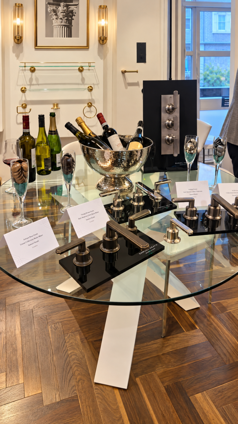 Luxury bathroom display with taps, wine bottles, and decorative accessories in a modern setting.