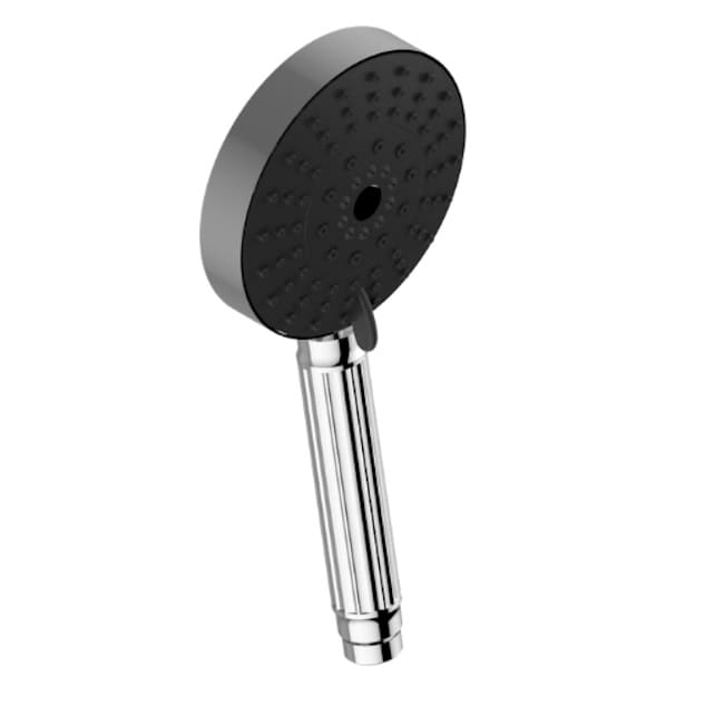 Kallums Bathrooms Pantheon 4-function hand shower with black head and chrome handle.