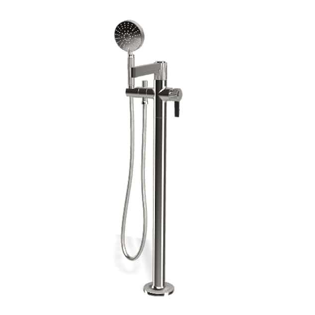 Pantheon high-flow floor-mounted bathtub mixer trim with handheld shower head in chrome finish.