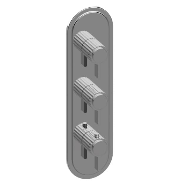 Pantheon M-Series valve trim with three handles for bathroom shower control.