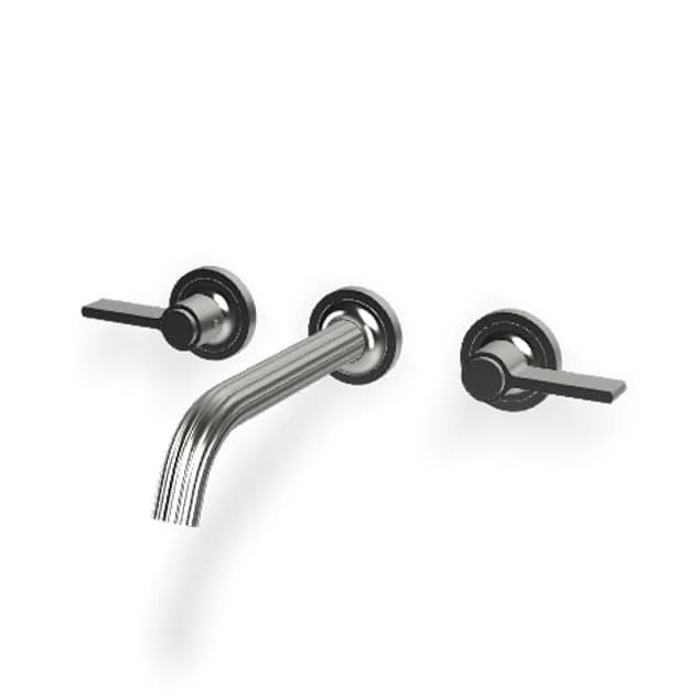 Kallums Bathrooms wall-mounted basin mixer with 21cm spout and handles.