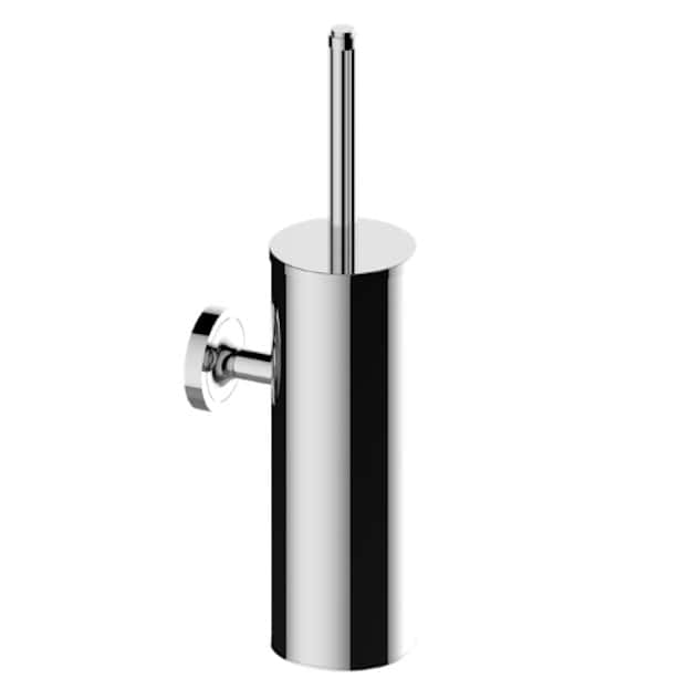 Modern chrome wall-mounted toilet brush holder with brush.