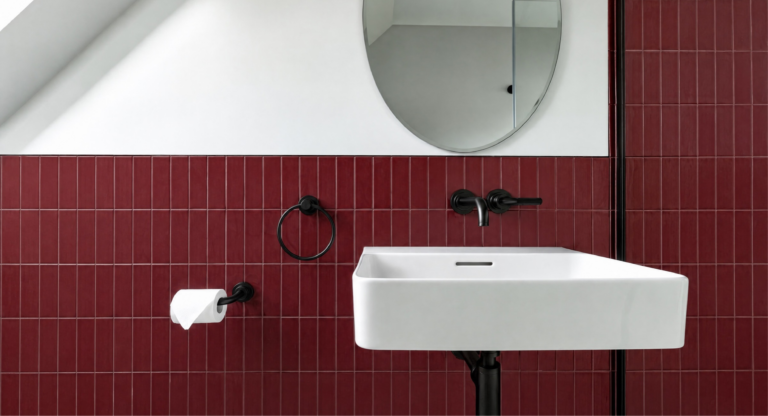 Modern bathroom with a white sink, black fixtures, and red tiled wall.