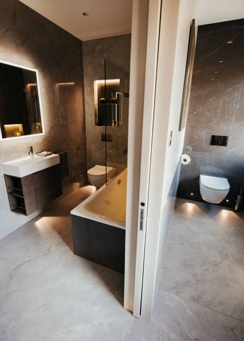 Modern bathroom with walk-in shower, bathtub, and wall-mounted toilet.