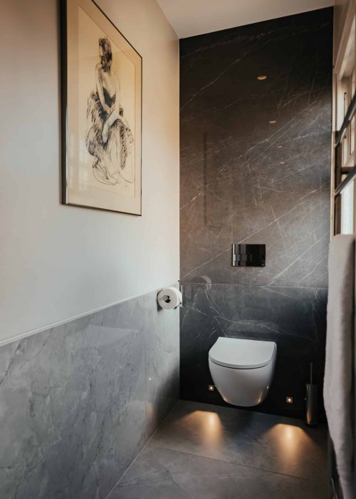 Modern bathroom with black marble wall and wall-mounted toilet.