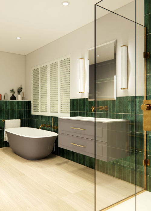 Modern bathroom with green tiled walls, freestanding bathtub, and sleek vanity.
