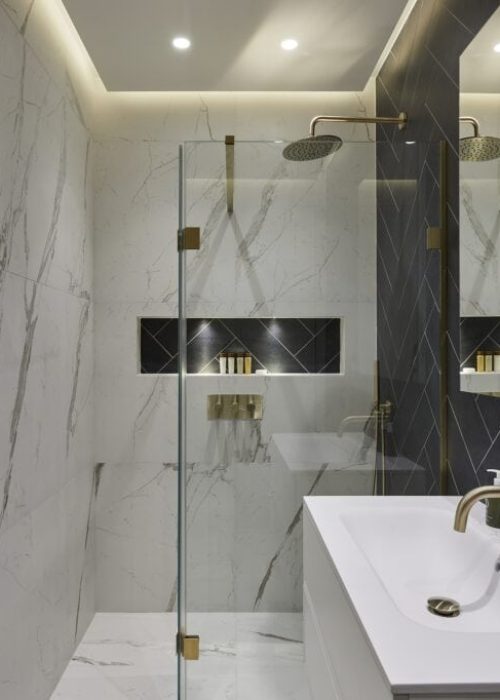 black and white shower room design in fulham london