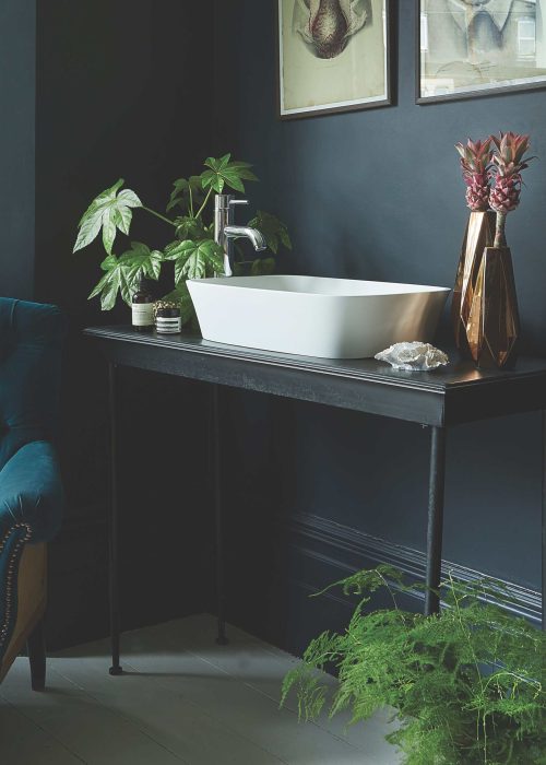 White square counter top basin with green plants nearby