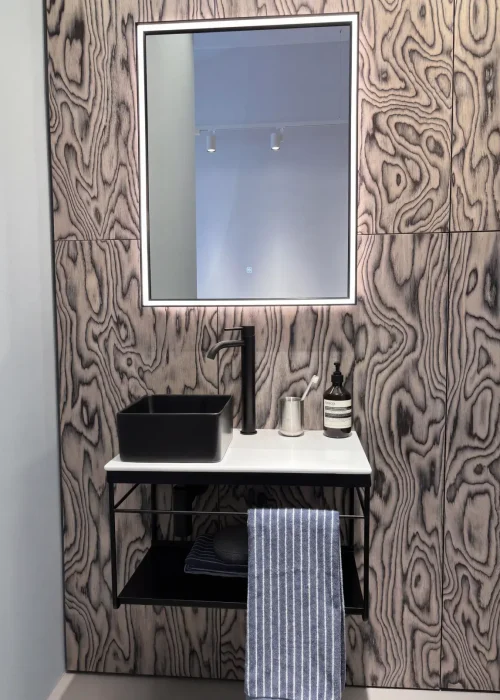 Catalano black square basin against a figured-wood wall, Kallums Bathrooms