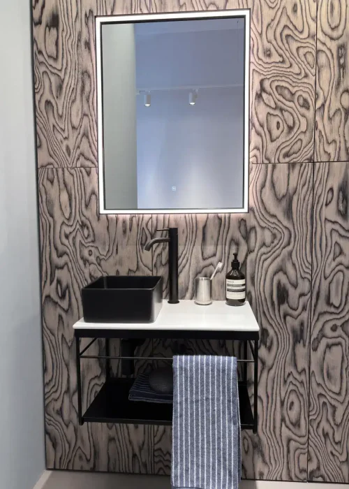 Catalano black square basin against a figured-wood wall, Kallums Bathrooms