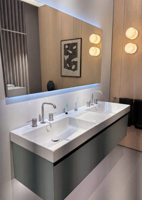 Catalano double rectangular basins on a sage vanity, Italy, Kallums Bathrooms