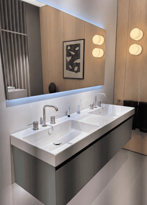 Catalano double rectangular basins on a sage vanity, Italy, Kallums Bathrooms
