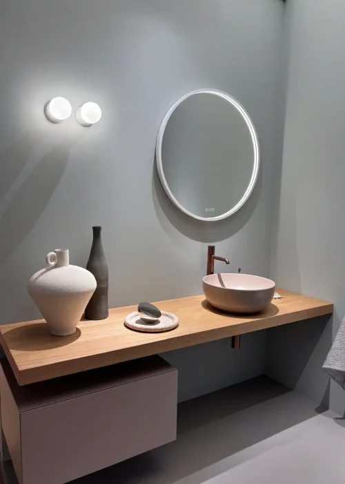 Catalano cloakroom with blush basin and sage wall, Kallums Bathrooms