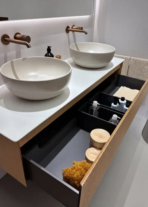 Catalano oak vanity with open drawer detail, Kallums Bathrooms