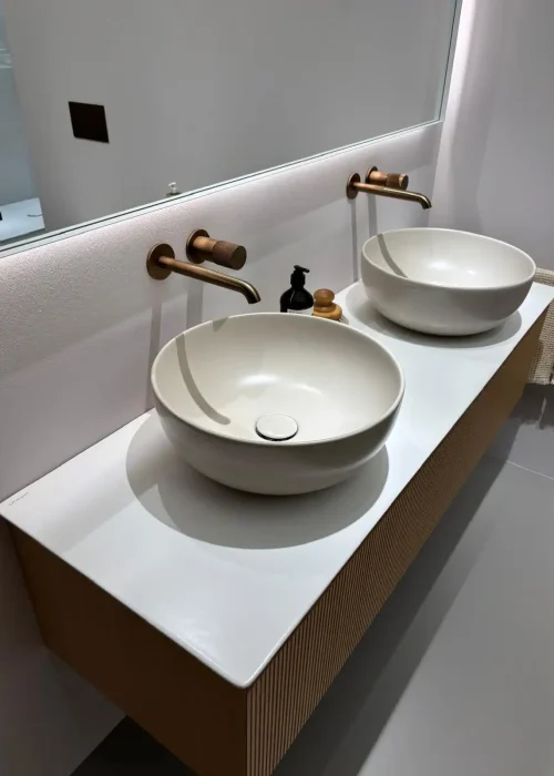 Catalano cream vessel basin with brushed bronze tap, Kallums Bathrooms