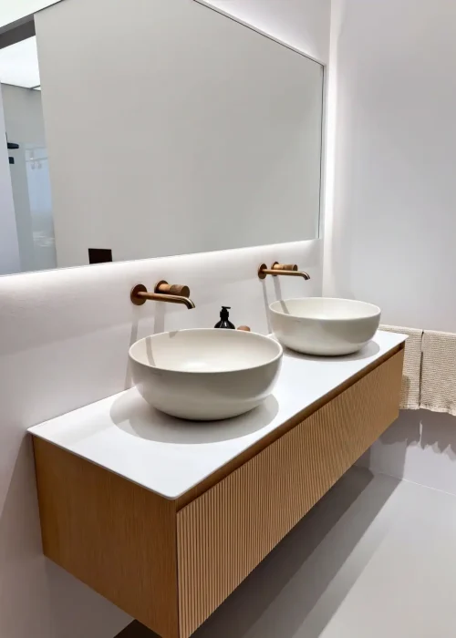 Catalano cream vessel basins on a fluted oak vanity, Kallums Bathrooms