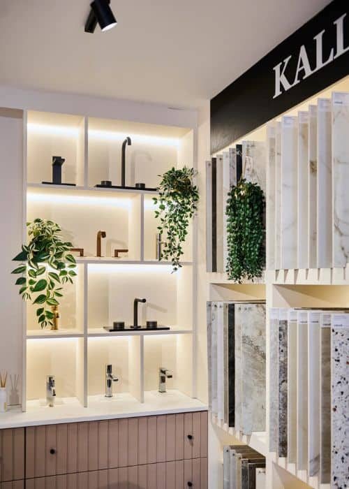 Display of modern kitchen taps and fixtures at Kallums Bathrooms.