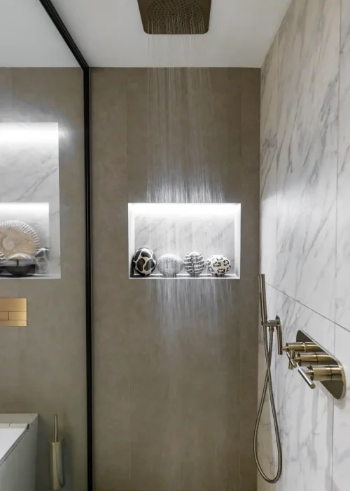 Modern walk-in shower with built-in niche and rainfall showerhead in Putney bathroom.