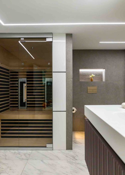 Modern bathroom with sauna and minimalist design in Putney.
