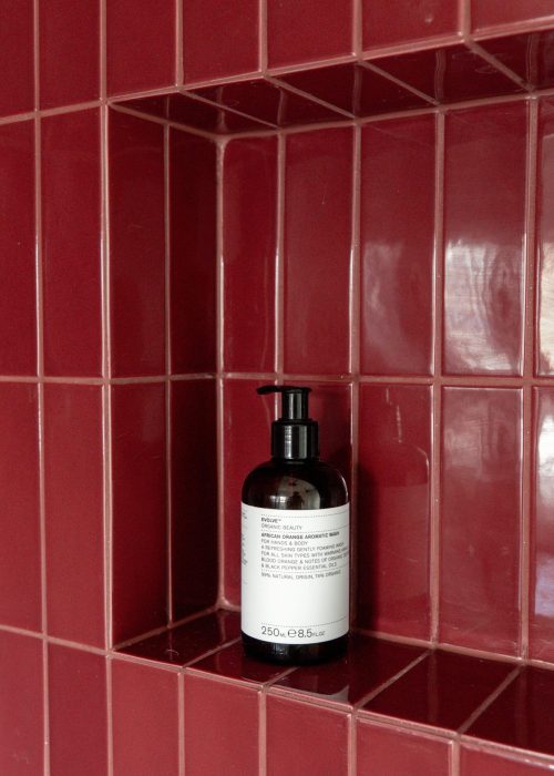 Red tiled bathroom shelf with black soap dispenser in Victorian home.