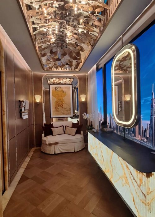 Sculptural metallic ceiling installation in a luxury powder room at WOW!house 2026 London.