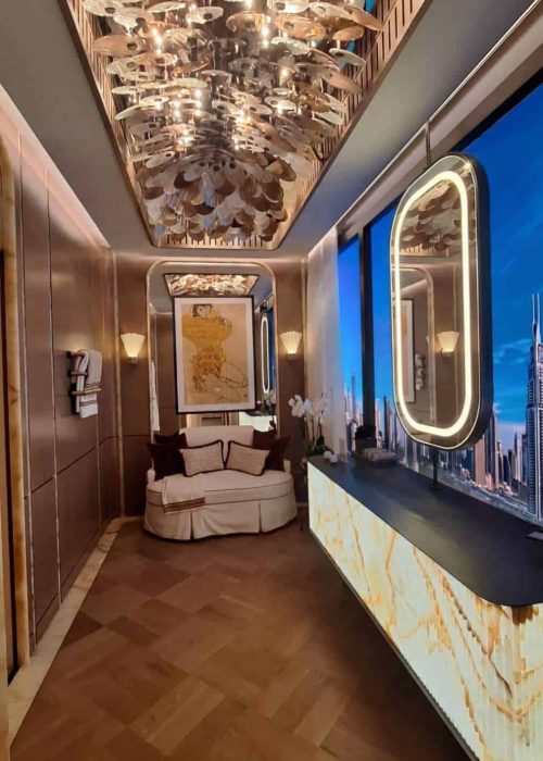 Sculptural metallic ceiling installation in a luxury powder room at WOW!house 2026 London.